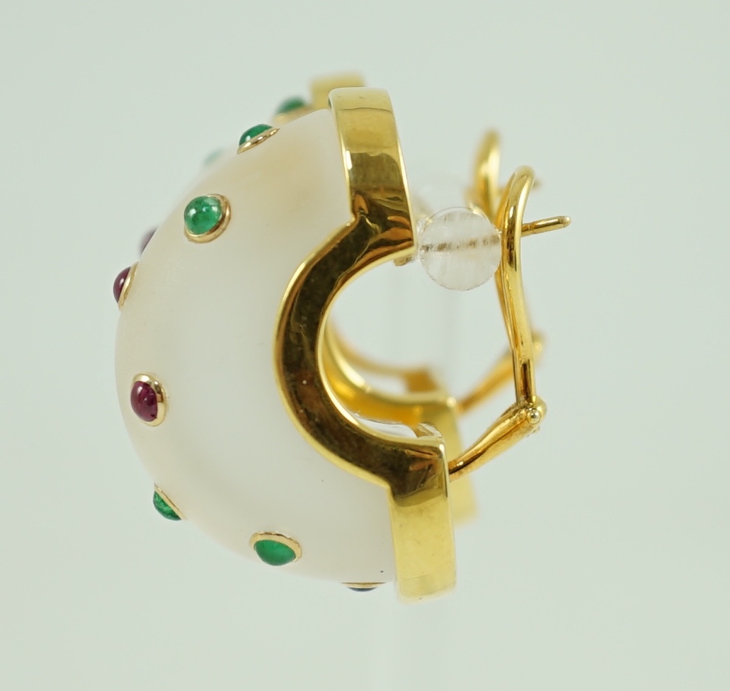 A pair of 20th century 14k gold, rock crystal and cabochon gem set demi-lune earrings